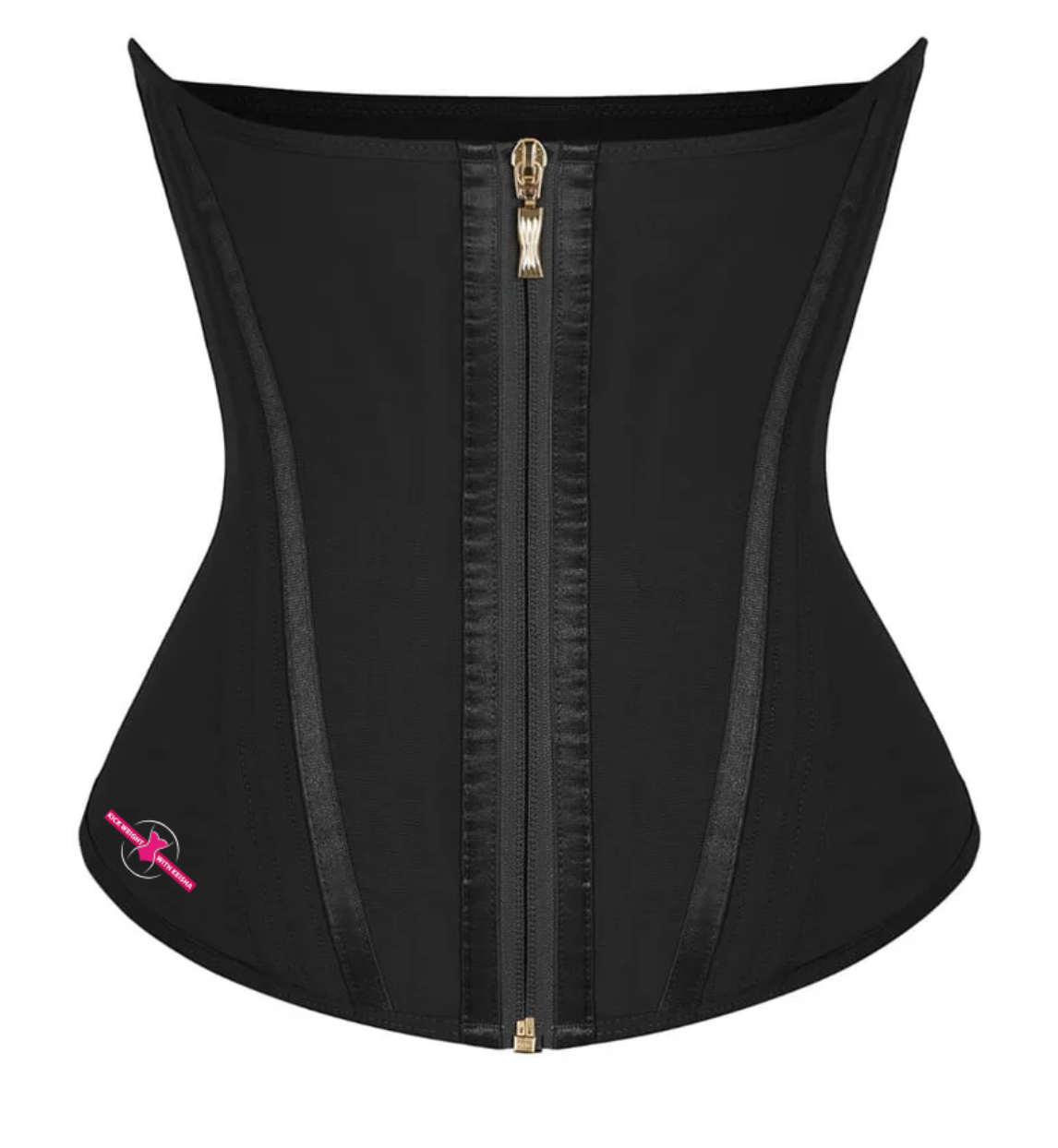 Black waist trainer with a zipper on a white background