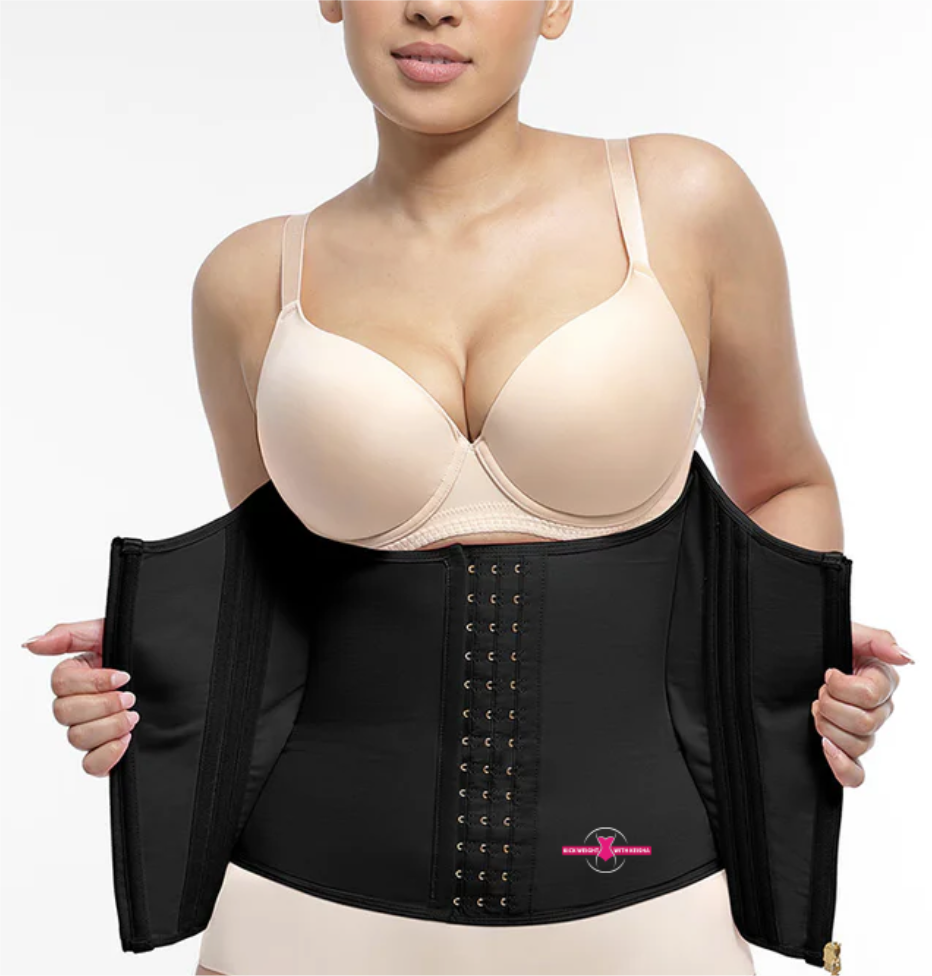 Woman wearing a black waist trainer with a visible brand logo on a white background
