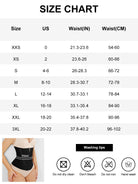 Size chart for waist training corsets with measurements in inches and centimeters.
