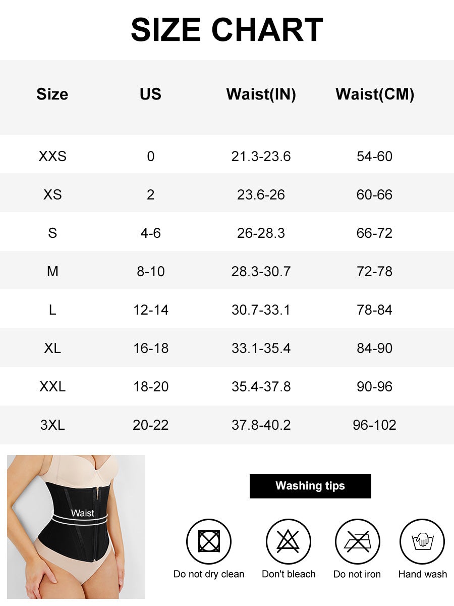 Size chart for waist training corsets with measurements in inches and centimeters.